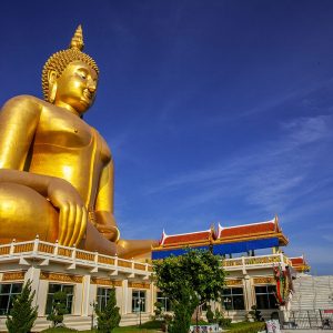 Beautiful big buddha on beautiful sky background, Wat Muang, Ang Thong Province, Thailand.
